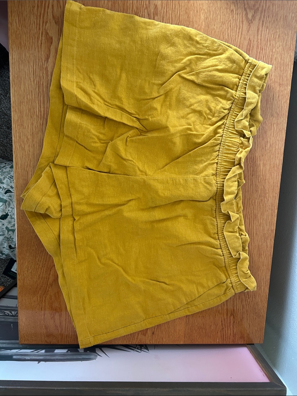 Linen Mustard Yellow Women’s Elastic Waist Ruffle Shorts